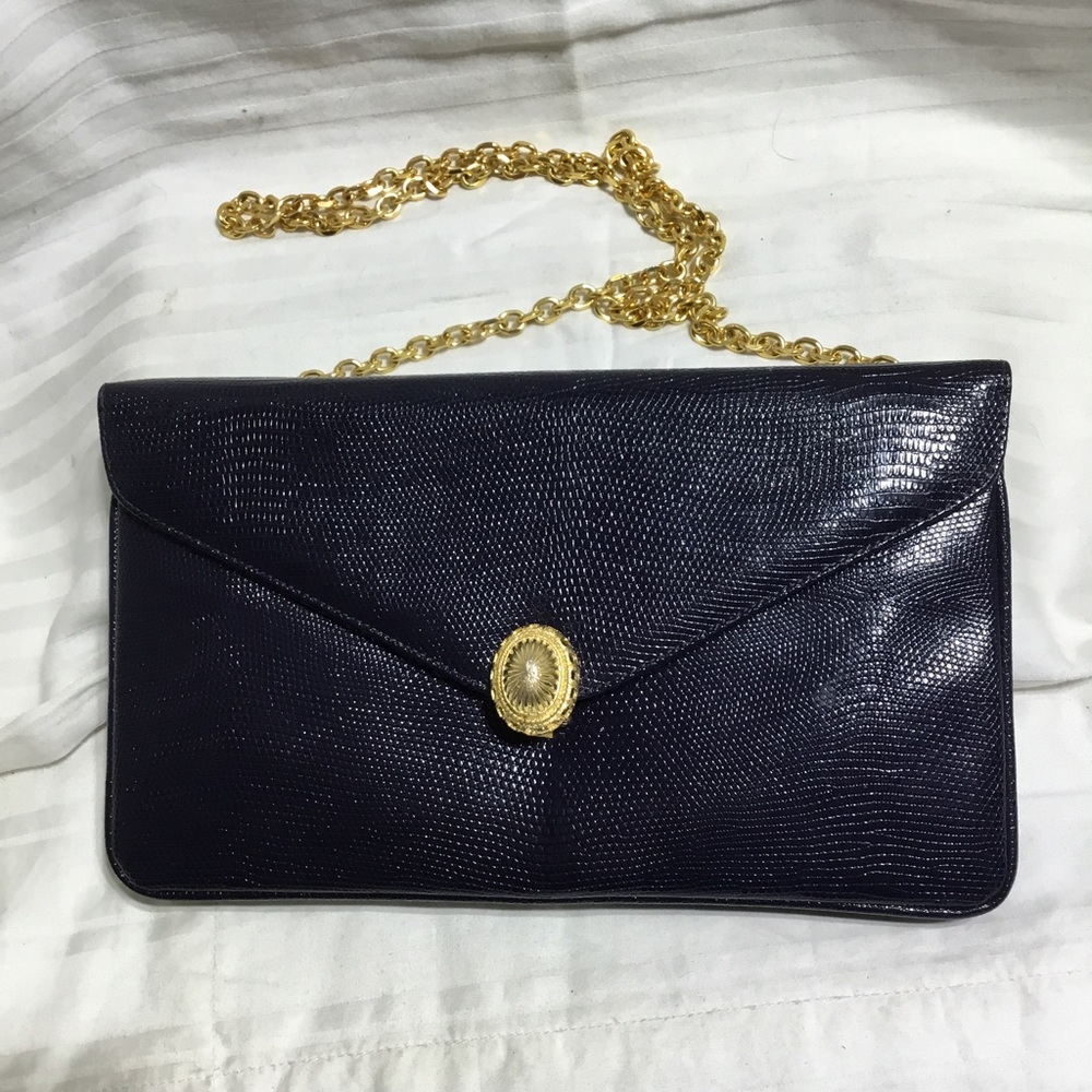 Prestige Party / small purse, 30” gold chain, clasp closure, textured finish